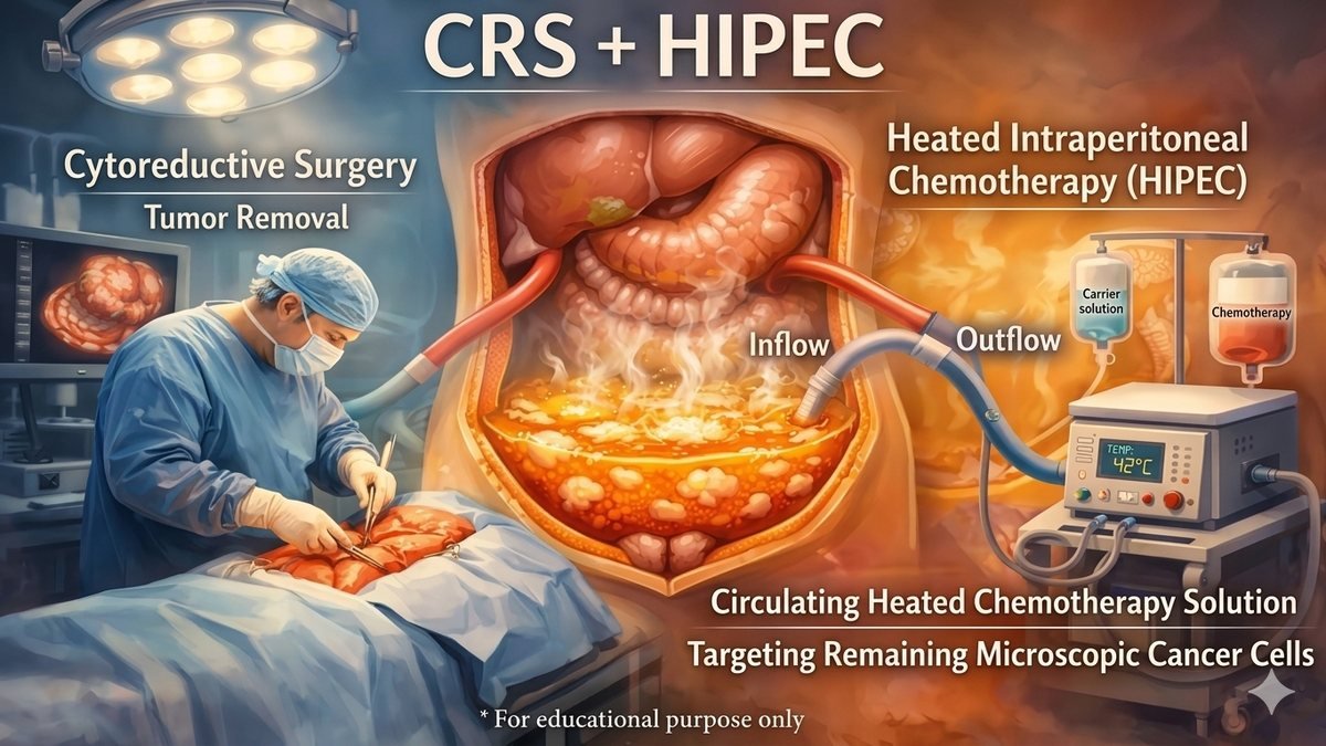 Illustration of cytoreductive surgery (CRS) followed by HIPEC heated chemotherapy for peritoneal cancer — Dr. Amit R. Gandhi, Mumbai
